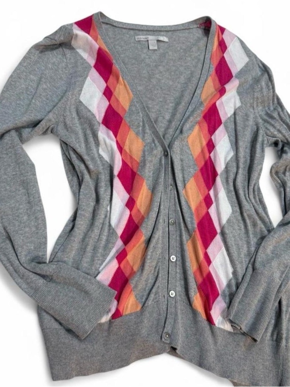 Women's Light Gray Argyle V-Neck Cardigan with Pink & Orange Accents
